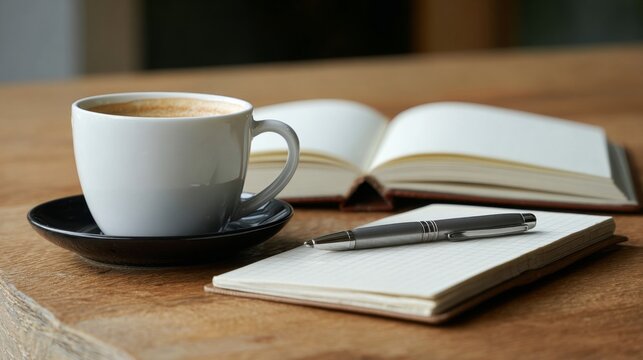 Warm coffee cup beside a notebook and pen on a wooden table, inviting morning atmosphere for creativity and productivity in a cozy setting