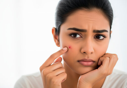 Worried young woman pointing at a pimple on her face, concerned about acne and skin problems, isolated on white background