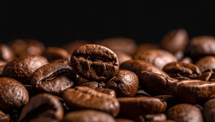 Close-up of roasted coffee beans on black background &mdash; rich texture and glossy surface.