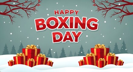 Festive boxing day celebration with gifts and snowfall in a winter landscape