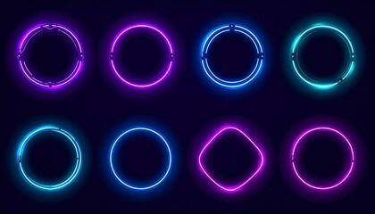 Eight neon-style logos with retro-futuristic themes on dark background — vibrant emblems in grid layout.