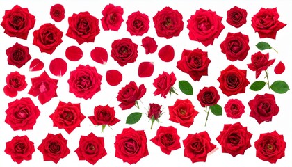 Grid of 25 red rose blossoms with 4 green leaf clusters on white background — botanical variation.