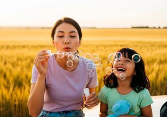 A joyful moment captured as an asian mother and her daughter blow bubbles together in a sunlit field, creating a heartwarming scene of family fun and laughter