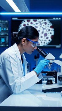 Female scientist microscope laboratory focused examining sample with concentration and blue lighting lab researcher focused microscope analysis