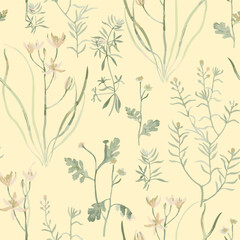 Romantic floral print with wildflowers sketch. Seamless pattern, gentle botanical background with various small flowers. Vector illustration.