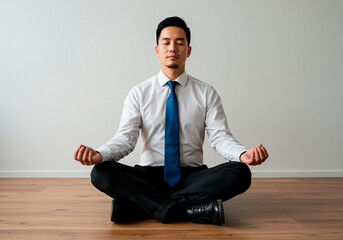 Young asian businessman meditating in lotus position on the floor in office, eyes closed, wearing a shirt and tie, finding inner peace and balance at work