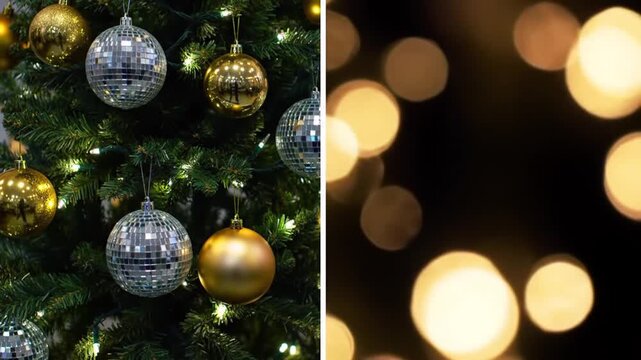 Christmas tree and blur bokeh lights background. Xmas and happy new year. Use for greeting card, cover, banner, header template