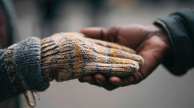Close-up of two people holding hands outdoors one wearing wool gloves in winter showing kindness empathy and social support concept for charity and community help