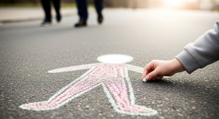 Child drawing chalk outline of a person on pavement with passersby in the background