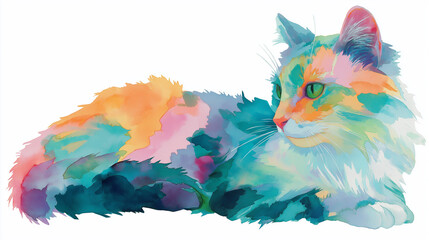 Watercolor line art illustration of a cat, transparent background