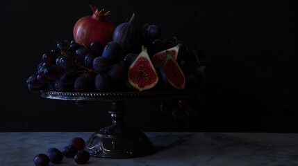 Dark Still Life with Pomegranate, Grapes, and Fig on Silver Cake Stand