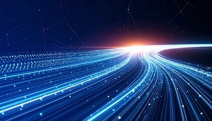 Futuristic blue data lines curving toward bright light on dark background with star-like nodes &mdash; high-speed tech concept.