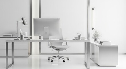 Modern minimalist office space with computer desk and chair monochrome design