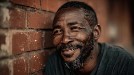 Close-up portrait of smiling man leaning on red brick wall in warm evening light ideal for happiness hope and real people lifestyle visuals
