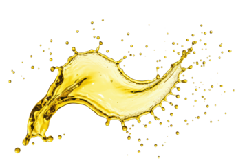 A dynamic splash of rich, golden-yellow viscous liquid, resembling olive oil or honey, with spherical droplets scattering on a transparent background, concept for premium product advertising