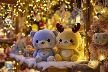 Cute stuffed bear and reindeer toys at christmas market