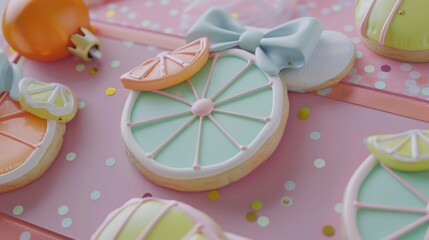 Decorative Sugar Cookies with Pastel Colors and Lemon Slices on Pink Background for Party or Celebration