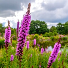 Obraz premium Purple flowering plants stand tall in a garden with a pond