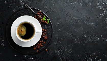 Black ceramic espresso cup with crema on saucer, surrounded by coffee beans on dark textured background.