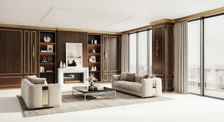 Elegant modern living room interior design with neutral color furniture