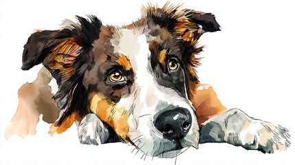 Watercolor line art illustration of a dog, transparent background