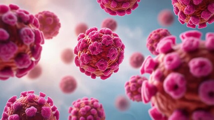 Vivid depiction of virus cells in a blue sky background, showcasing intricate details and colorful textures