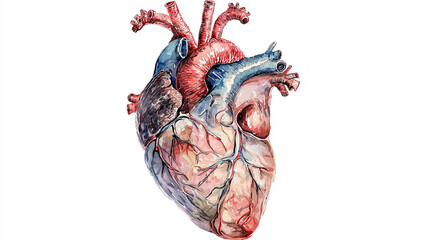 Watercolor line art illustration of a human heart, transparent background.