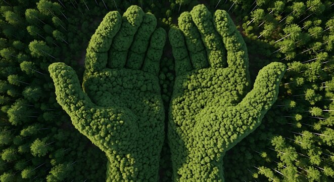 Aerial view of hands made of trees, symbolizing environmental protection and conservation efforts.