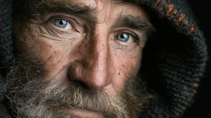 Close-up portrait of an older man with blue eyes wearing a dark hood captured in soft natural light ideal for human stories editorial features and emotional documentary themes 
