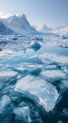 Pristine Glacial Fjord with Floating Ice Sheets and Snowy Mountains