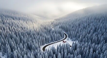 Winding Road Through Snowy Forest with Red Cabin winter