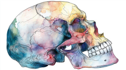 Watercolor line art illustration of a human skull, transparent background.