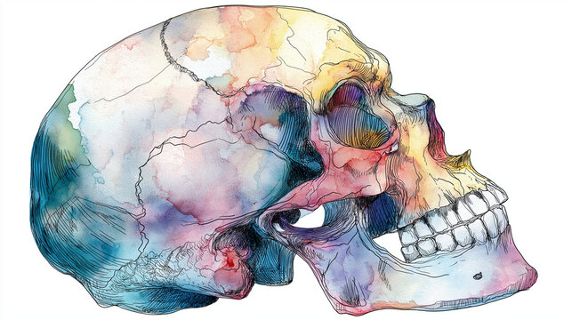 Watercolor line art illustration of a human skull, transparent background.