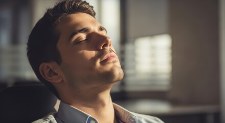 Man with closed eyes in sunlight wearing light shirt and stubble with blurred background indoors resting face