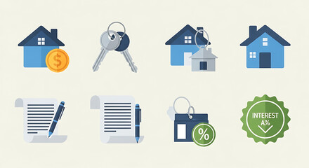 Real estate and mortgage icons showing house, keys, contract, and interest rate