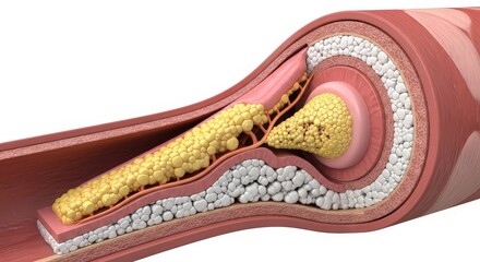 Medical illustration of artery section showing plaque buildup and blockage