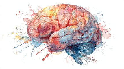 Watercolor line art illustration of the human brain, transparent background.