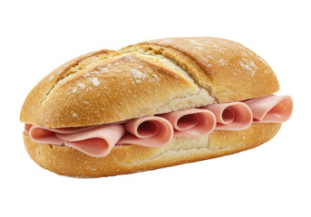Freshly baked artisan bread roll, golden brown, crusty, sliced open, generously filled with pale pink mortadella, isolated on transparent background with copy space, ideal for advertising concept