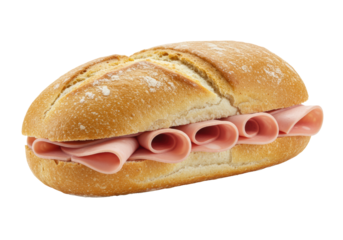 Freshly baked artisan bread roll, golden brown, crusty, sliced open, generously filled with pale pink mortadella, isolated on transparent background with copy space, ideal for advertising concept
