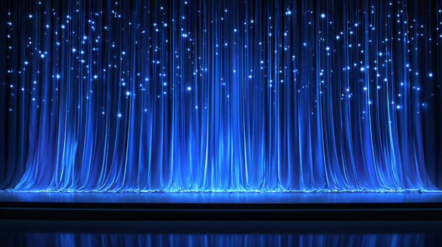 Elegant blue stage curtains illuminated with sparkling lights. The scene is dramatic and alluring