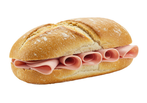 Freshly baked artisan bread roll, golden brown, crusty, sliced open, generously filled with pale pink mortadella, isolated on transparent background with copy space, ideal for advertising concept
