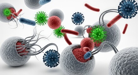 Microscopic view of various bacteria and viruses against a white backdrop