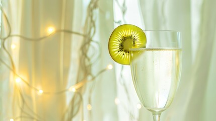 Elegant Glass of Sparkling Wine with Kiwi Slice in Bright Room with Fairy Lights