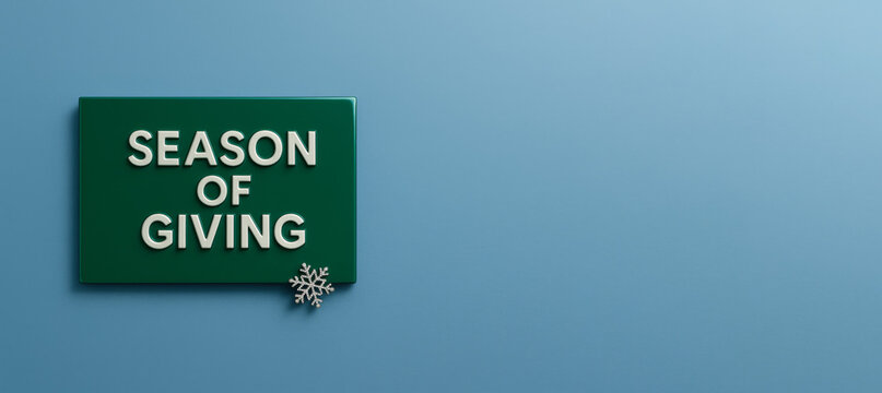Season of giving green sign with snowflake on blue background