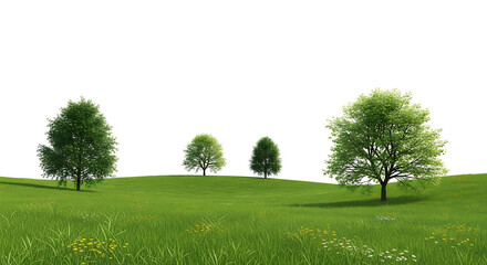 Obraz premium Green field with scattered trees under a bright sky, perfect for conveying peace, nature, and environmental consciousness in your next project or design campaign