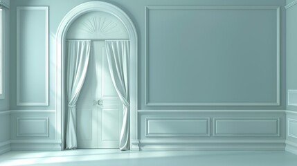 Elegant Light Blue Room with Curtains and Decorative Wall Panels