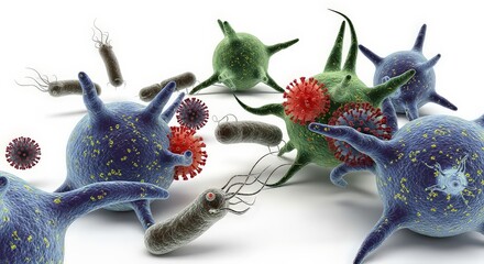 Conceptual illustration of immune cells attacking viruses in a scientific graphic