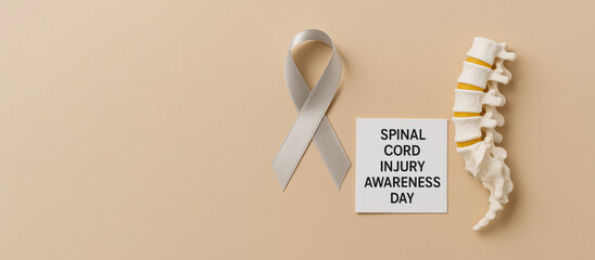 Spinal cord injury awareness day ribbon and spine on beige background