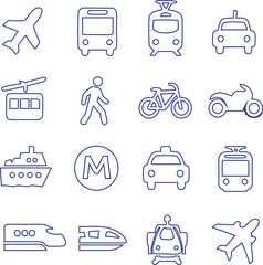 Transport vehicles vector icon set, such as bus, train, ship, cargo,  bicycle, motorcycle, car, taxi, aeroplane, walking man, electric tram 