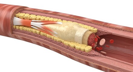 Medical illustration of blood vessel with plaque buildup and blockage
